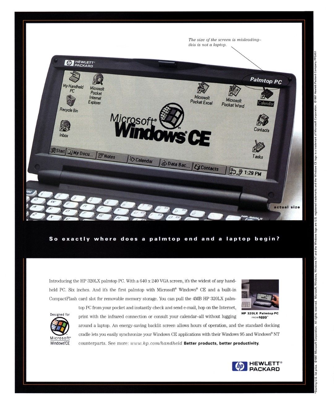 The HP 320LX ad reads, “So exactly where does a palmtop end and a laptop begin?”