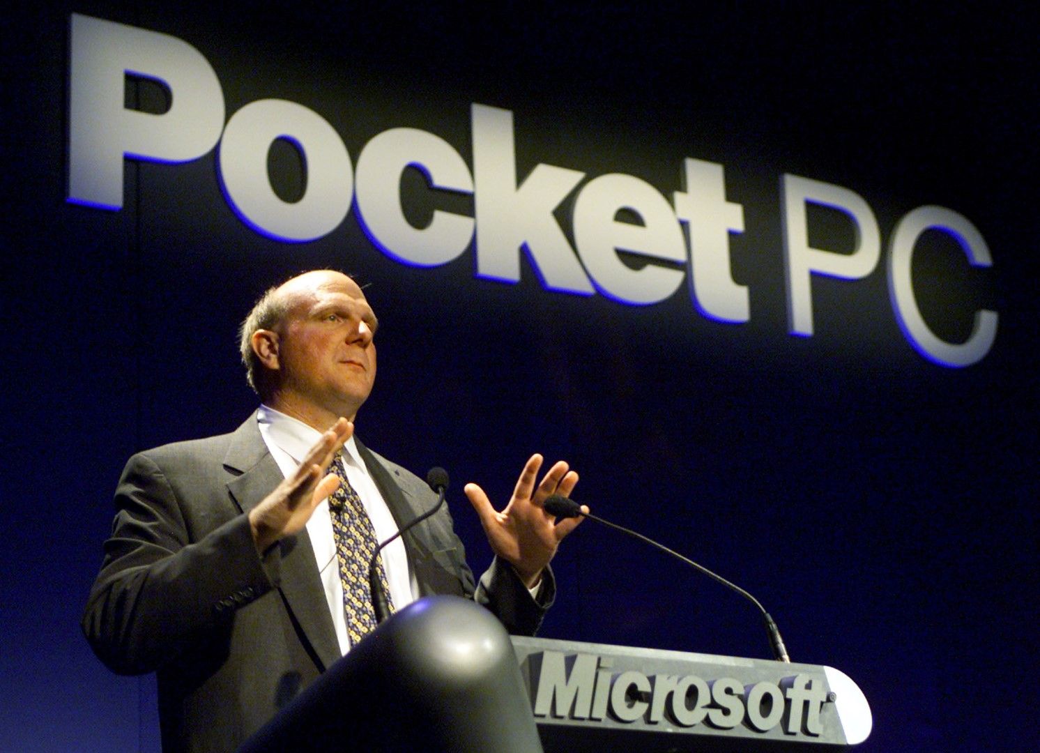 Microsoft’s Steve Ballmer presents the Pocket PC platform in 2000.