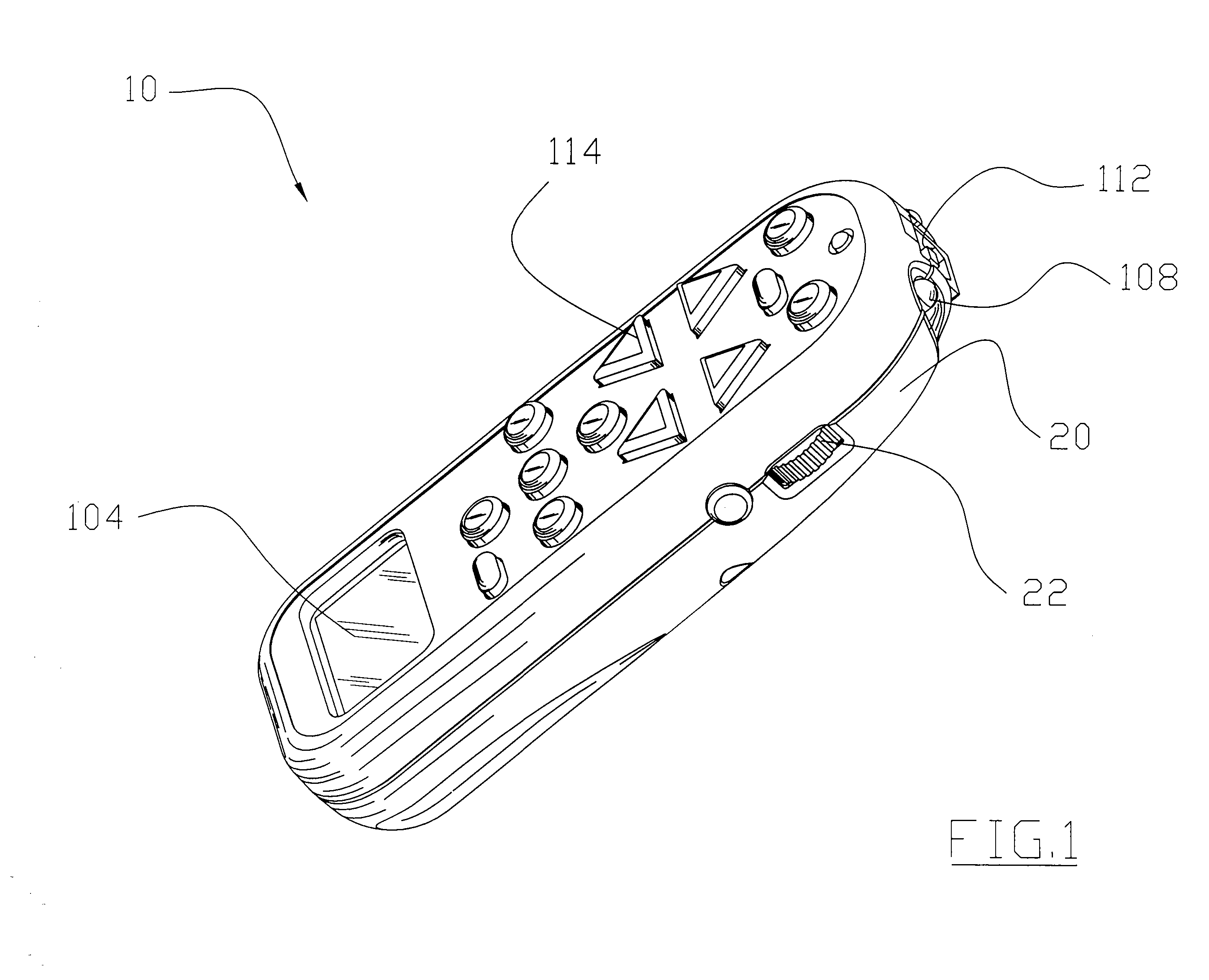 A patent drawing of the original Harmony remote by Easy Zapper, complee with a side dial and a LCD screen on the bottom.